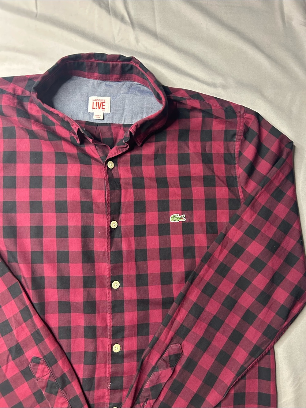 Lacoste LIVE Red & Black Buffalo Plaid Button-Up Shirt – Men’s Large - Picture 3 of 5